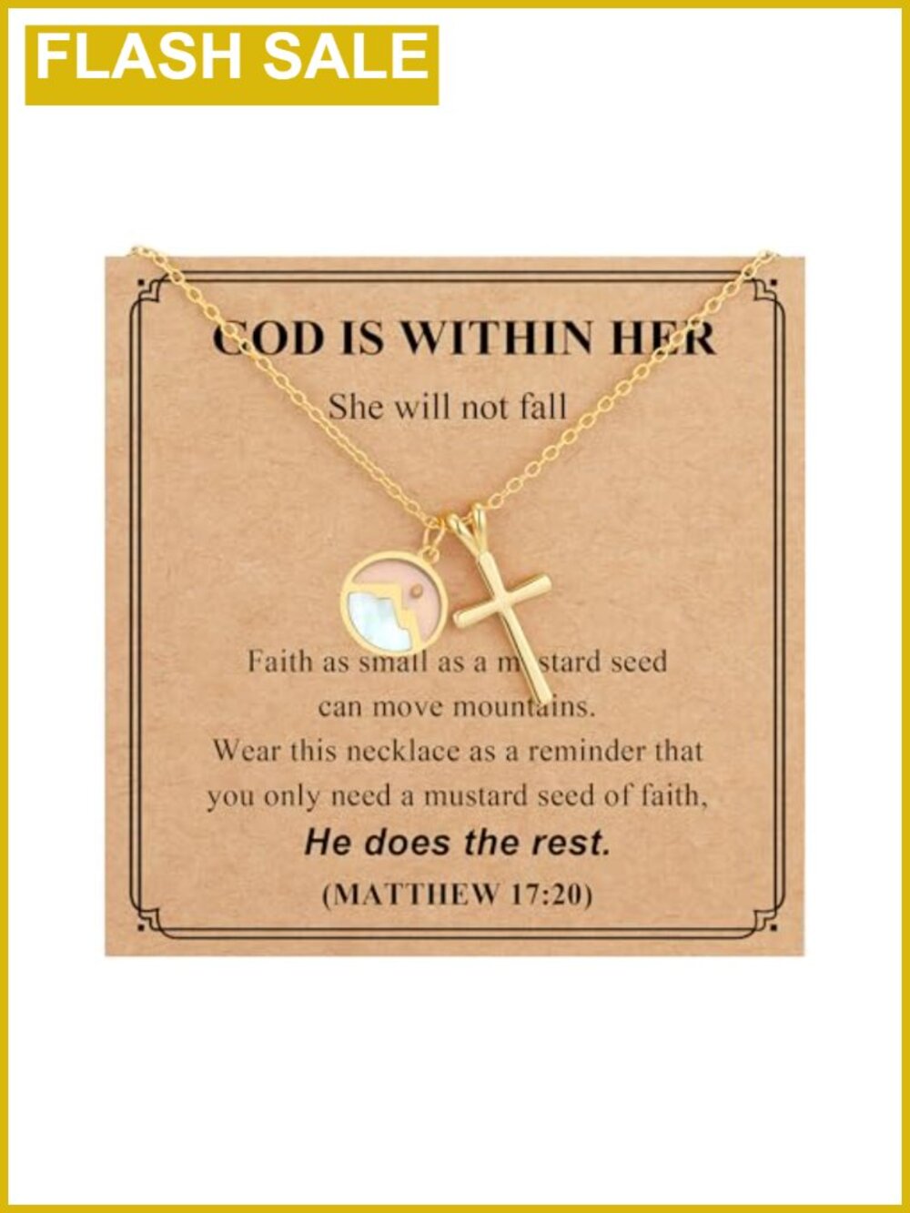 14K Gold Plated Sterling Silver Mustard Seed Cross Necklace 16+2 Inch